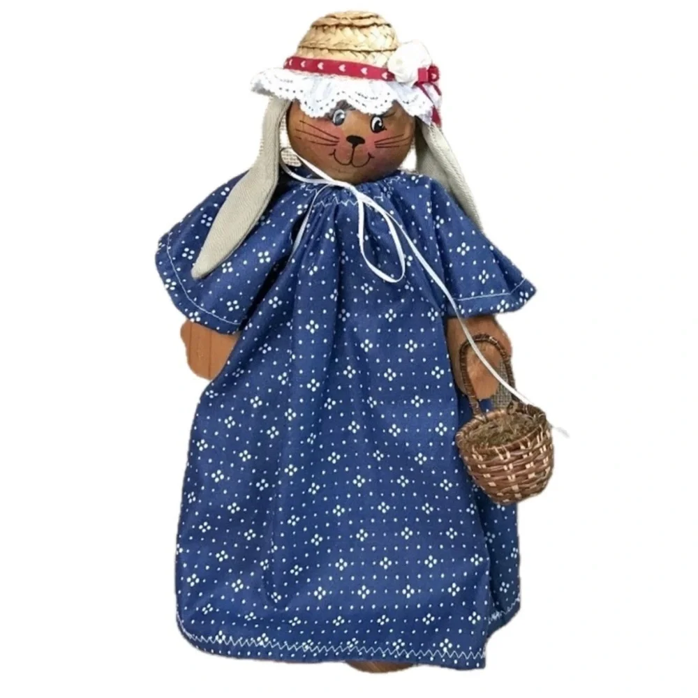 Country Bunny Wood Figure Decoration Lady Rabbit Farmhouse Rustic Cottage Charm